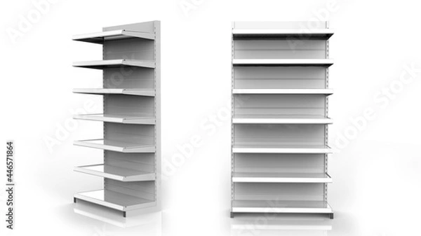 Obraz Set of white empty store shelves. Retail double shelf rack. Showcase display. Mockup template ready for your design. 3D rendering illustration. Isolated on white background. Gondola style.
