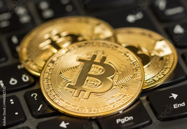 Fototapeta Three bitcoin gold coins placed on a keyboard of laptop
