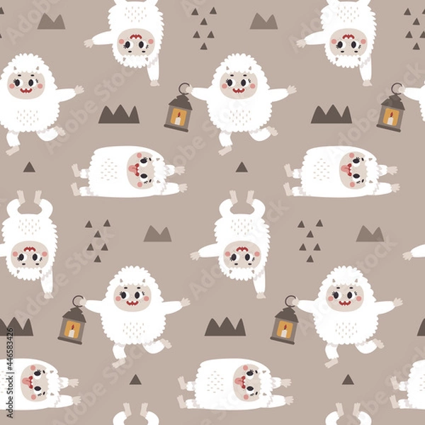 Fototapeta Christmas winter vector cute seamless pattern with Yeti characters, Bigfoot, stones, a warming candle, lantern in scandinavian trendy Boho style