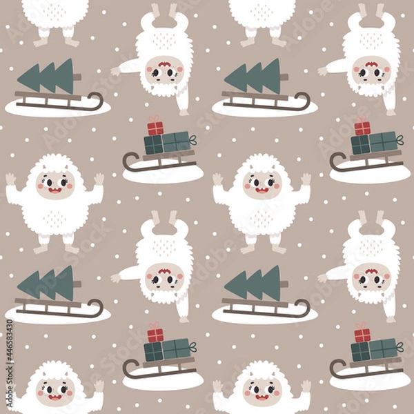 Fototapeta Christmas wild winter vector cute seamless pattern with Yeti characters, Bigfoot, stones, sleigh, christmas tree, gifts in scandinavian Boho style