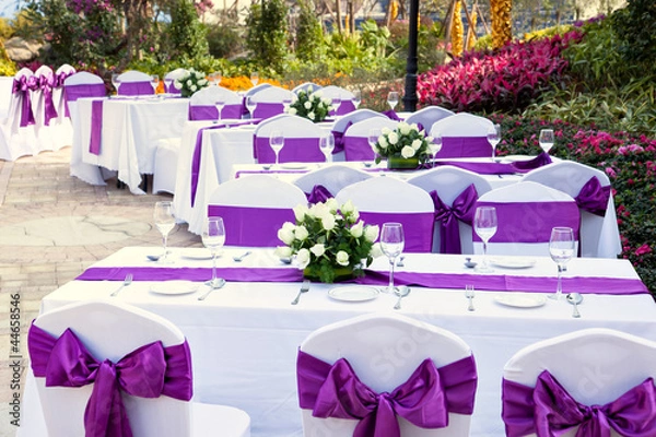 Obraz outdoor tables with served plate and wine glasses