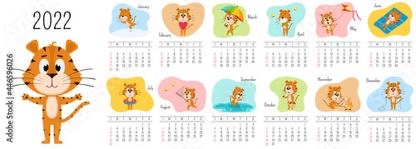 Fototapeta Vertical Wall Calendar Template 2022. Week starts on Sunday. Ready-to-print calendar with Chinese year symbol cartoon Tiger. A set of 12 pages and a cover. All months.Multi-colored background