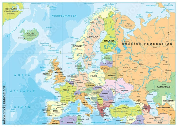 Obraz Europe Political Map and Bathymetry