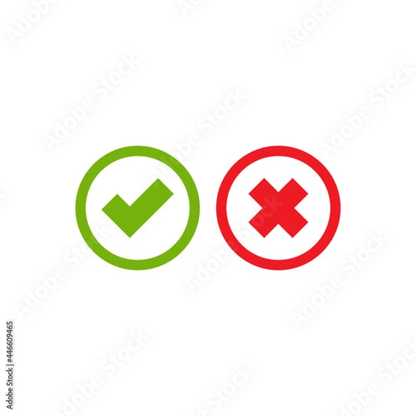 Obraz Set of check mark icons. green rounded tick in circle and red cross in circle.