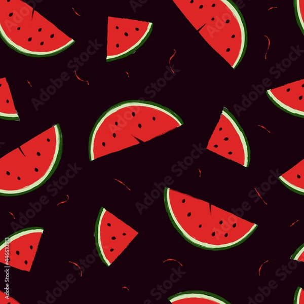 Fototapeta Seamless pattern of juicy red watermelon on a dark background
