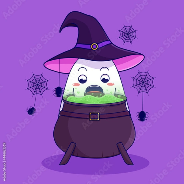 Obraz Cute Halloween Ghost With cauldron