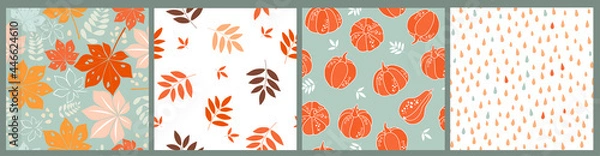 Fototapeta A seamless pattern set with autumn leaves, raindrops, branches, pumpkins. Seasonal trend collection of ornaments. Vector graphics.