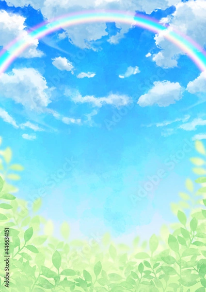 Obraz 虹のかかった青空と雲と葉っぱ
