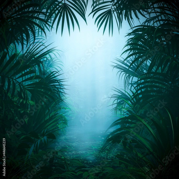 Fototapeta Misty jungle nature frame / 3D illustration of mysterious rainforest background with light rays shining through forest canopy framing copy space