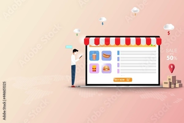 Fototapeta Concept of online fast food delivery service, young man standing near tablet to order fast food (sparkling water, hotdog, hamburger and french fries) in pastel color background.