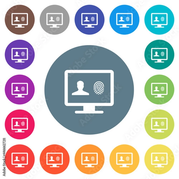 Fototapeta Criminal background check flat white icons on round color backgrounds