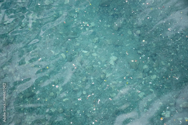 Fototapeta Calm and clear river water in gradient tones with sand and gravel on the bottom.