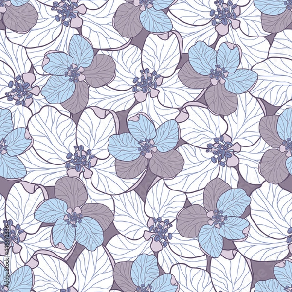 Fototapeta Hand drawn Apple flowers in violet, blue and white. Modern floral seamless vector pattern suitable for fashion fabrics, wallpapers, curtains and upholstery.