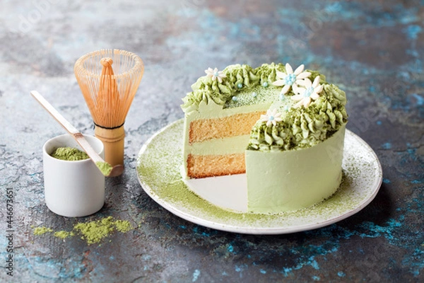 Obraz Matcha Green Tea Cream cake. Almond lemon sponge or chiffon cake on a plate, selective focus