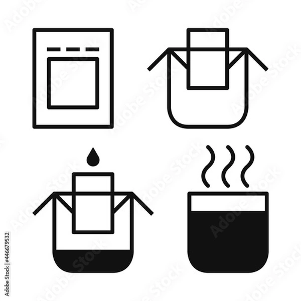 Fototapeta Drip bag coffee icons set. Hanging ear drip coffee filter paper bag brewing instruction. Step by step cooking vector illustrations isolated