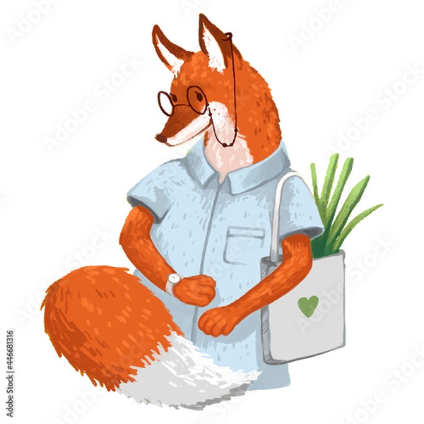 Fototapeta illustration Mr. Fox in glasses with a watch in a shirt and a bag of vegetables is going to a store for children