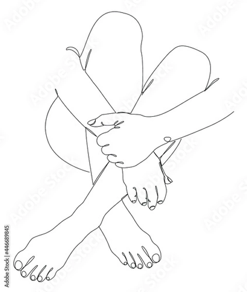 Fototapeta Silhouettes of the girl's legs and arms in a modern single-line style. Solid line, aesthetic outline for home decor, posters, stickers, logo. Vector illustrations.