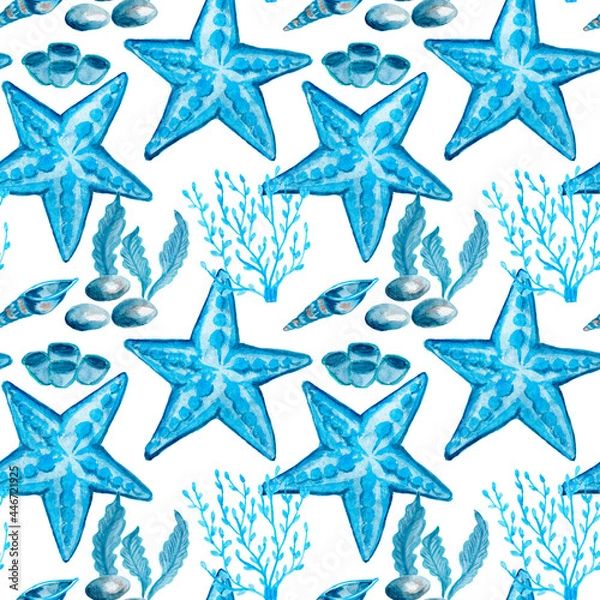 Fototapeta Watercolor corals. Seamless pattern with the underwater world sea animals.Paper Watercolor Blue Pattern.Splashy Seashell,Jellyfish,Fairy mermaids.