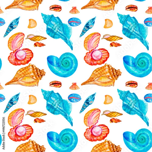 Obraz Watercolor corals. Seamless pattern with the underwater world sea animals.Paper Watercolor Blue Pattern.Splashy Seashell,Jellyfish,Fairy mermaids.