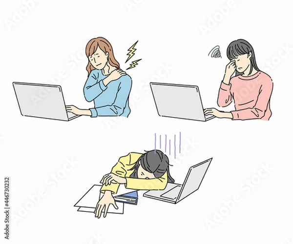 Fototapeta 女性、ビジネス、デスクワーク、ストレス、疲労、肩こり