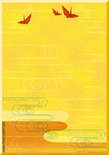 Fototapeta おめでたい和風背景ー金地に鶴、霞文・流水文