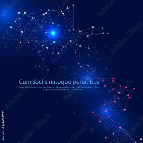 Fototapeta Global communication connect design. Dotted glowing communication lines and dots on blue background