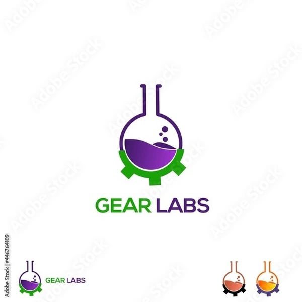 Fototapeta Vector gear labs logo, potion bottle and gears graphic design element.modern logo