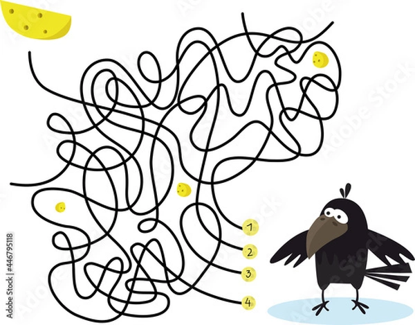 Obraz Maze game educational labyrinth for children cute crow with cheese vector image.