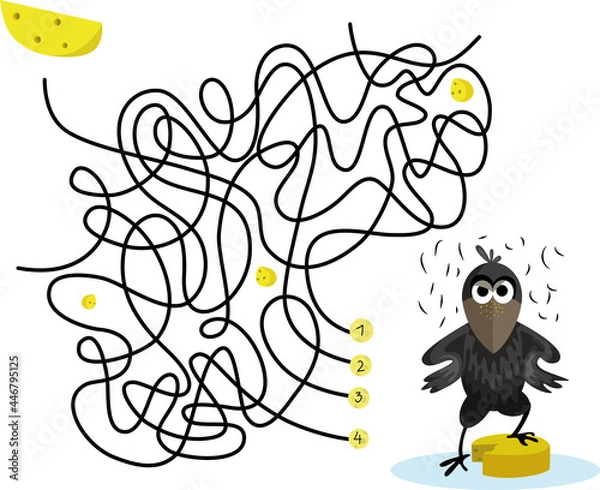 Obraz Maze game educational labyrinth for children cute crow with cheese vector image.