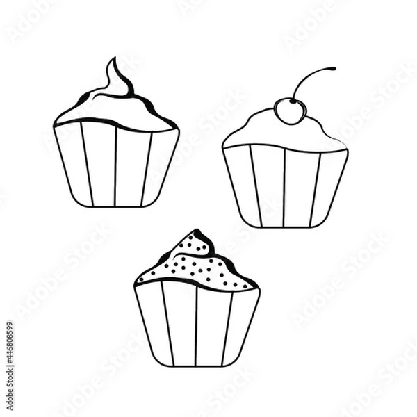 Fototapeta Doodle cupcakes set .Black outline vector illustration.