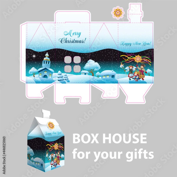 Fototapeta Box in the form of a house for a gift for the New Year and Christmas.