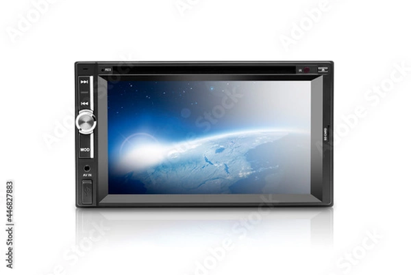 Fototapeta Front view of a black automobile dvd with silver buttons on left side with an image of earth on the screen on white background