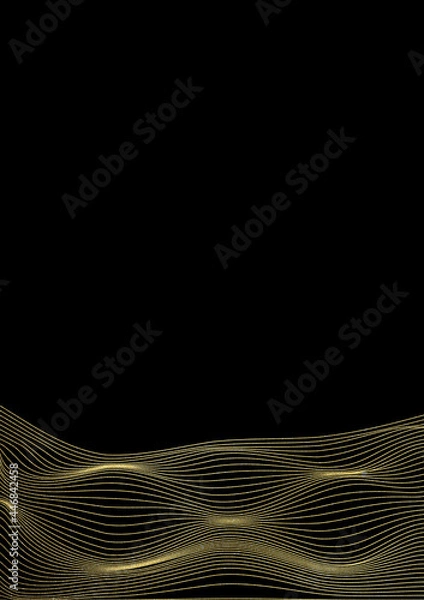 Obraz Trendy line art metalic foil grid on black background woth copy space. Golden glitter landscape mesh.
