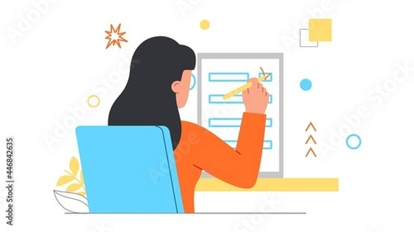 Obraz Checklist with tasks concept. Woman sits at a table and puts a check mark on her to do list. Improving personal efficiency and time management. Cartoon flat vector illustration on a white background