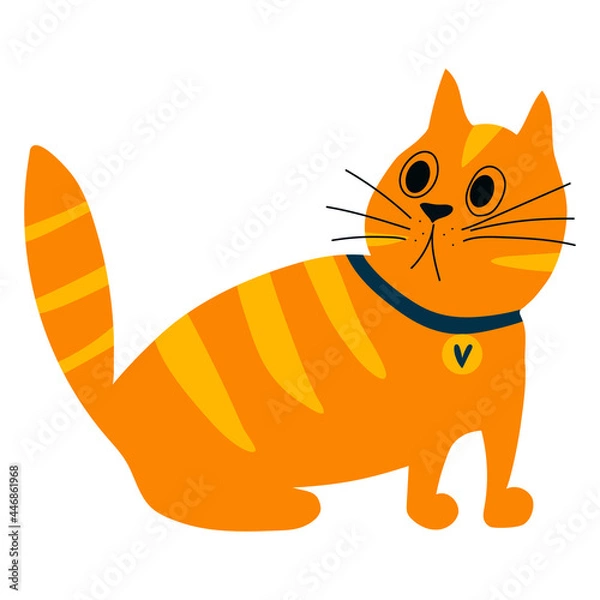 Fototapeta Vector illustration of ginger cat in cartoon flat style. Funny pet character for kids design, card, textile