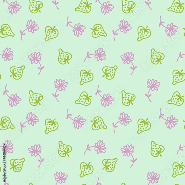 Obraz Doodle style strawberries and flowers summer seamless pattern.  Perfect for scrapbooking, textile and prints. Hand drawn  illustration for decor and design.