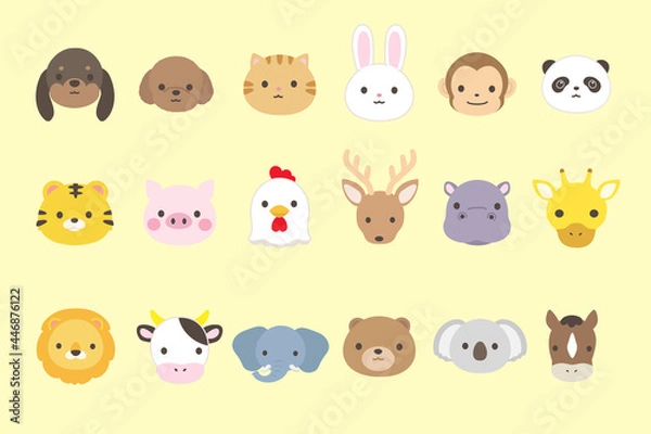 Obraz かわいい動物の顔のイラストセット