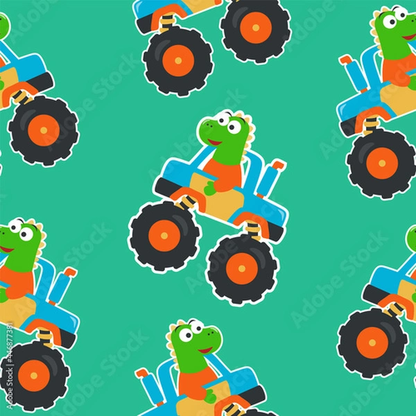 Obraz Seamless pattern vector of monster truck and  with cartoon style, Creative vector childish background for fabric textile, nursery background, baby clothes, poster, wrapping paper and other decoration.