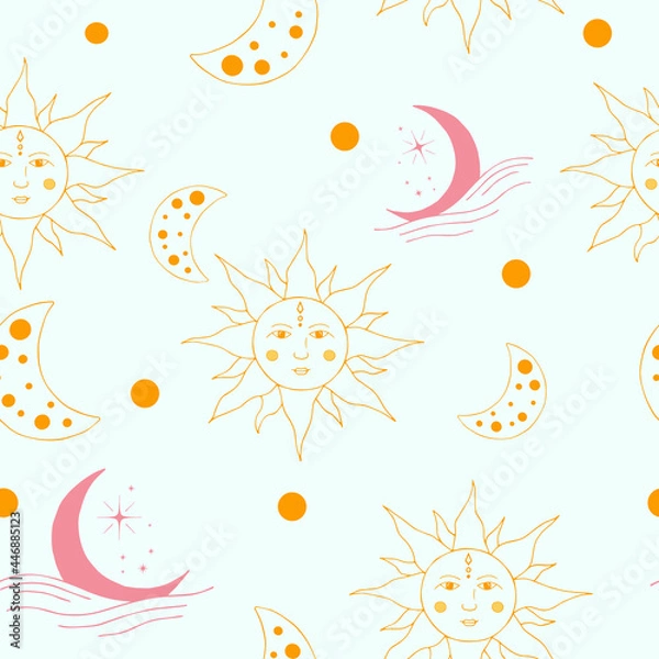 Fototapeta Celestial Boho mystical sun and moon vector seamless repeat pattern with pastel background