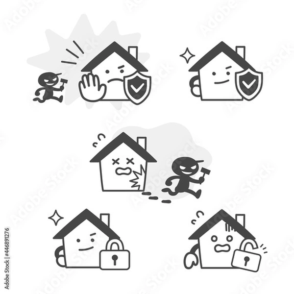Obraz 家のキャラクターの防犯やセキュリティに関する表情セット