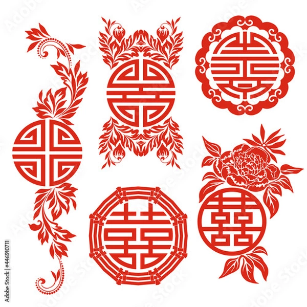 Fototapeta Feng Shui symbols - patterns in a circle. Red template - chinese style. Ethnic ornament and eastern elements. Trendy print for design. Vector set.
