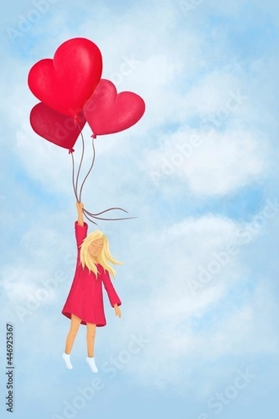 Obraz Little girl is flying on balloons. Valentine's day Illustrations. Suitable for banner, greeting card, postcard, invitation on event.