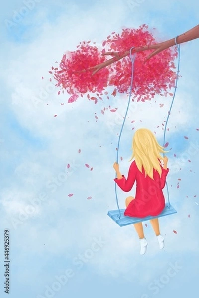 Obraz Little girl is riding a swing on a tree. Valentine's day Illustrations. Suitable for banner, greeting card, postcard, invitation on event.