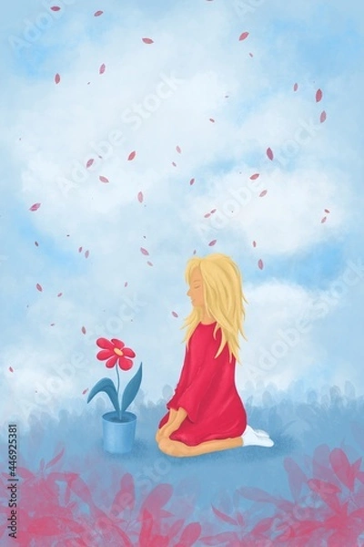 Obraz Little girl is sitting near a flowerpot. Valentine's day Illustrations. Suitable for banner, greeting card, postcard, invitation on event.
