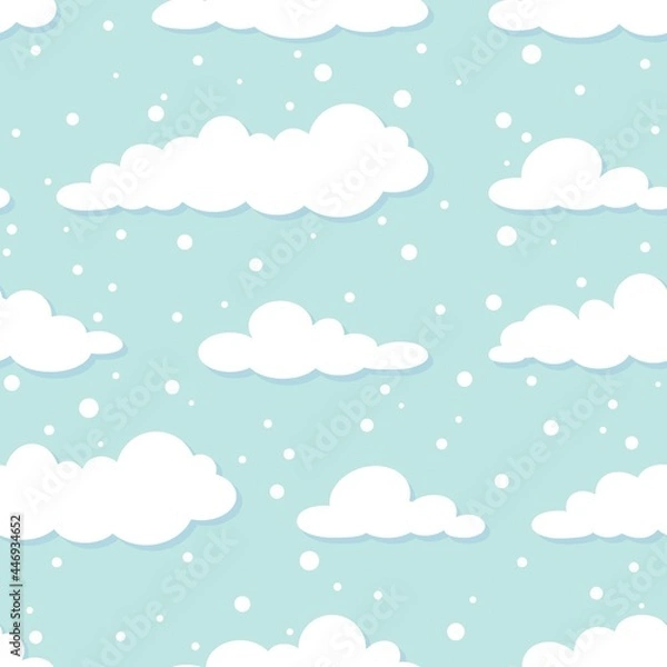 Fototapeta Winter Seamless pattern with white clouds and flat snowflakes and dots on blue sky.