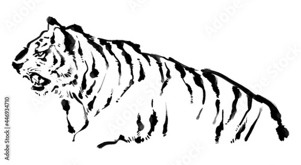 Obraz 水墨画風の虎・和風の白黒年賀状素材