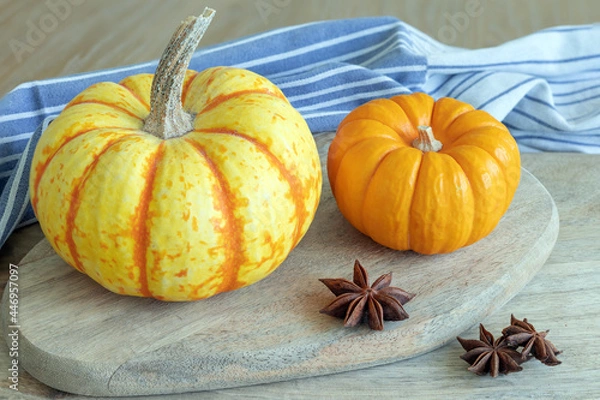 Obraz Two pumkins on cutting board, still life