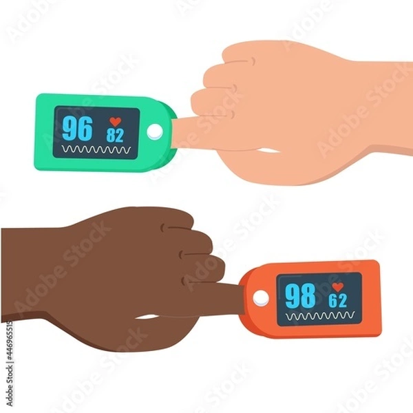Obraz Pulse oximeter on finger. digital device to measure oxygen saturation