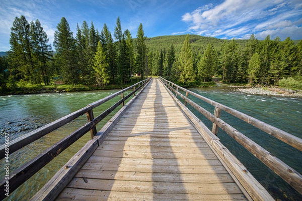 Fototapeta picturesque view of wooden bridge over pure rapid river flowing near forest at summer day 