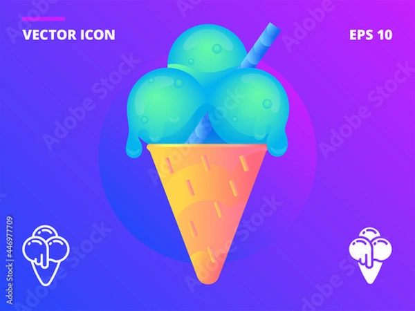 Fototapeta Ice cream cone with three fruit balls in a waffle cup. Big gradient vector detailed teaser and two flat line vector ice-cream icons. Summer trendy themed set.